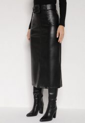 Czarna Spódnica Ołówkowa z Imitacji Skóry z Paskiem z Dużą Klamrą Rewedia. Czarne spódnice damskie Born2be, do pracy, l, bez wzorów, ze skóry, biznesowe, midi. Za 129.99 zł.