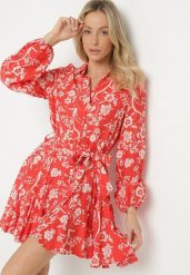 Czerwona Sukienka z Wiskozą w Kwiatowy Wzór z Koszulową Górą Karilsa. Czerwone sukienki damskie Born2be, bez wzorów, z wiskozy, eleganckie, bez ramiączek. W wyprzedaży za 118.99 zł.