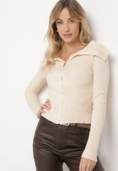 Jasnobeżowy Dopasowany Kardigan w Prążki Zapinany na Suwak z Szerokim Kołnierzem Zinleina. Brązowe kardigany damskie Born2be, s, bez wzorów, z jeansu. Za 49.99 zł.