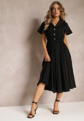 Czarna Retro Sukienka Midi z Plisowaniem i Paskiem na Klamrę Elinerise. Czarne sukienki damskie Renee, bez wzorów, retro, bez ramiączek. W wyprzedaży za 74.99 zł.