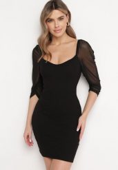 Czarna Bawełniana Dopasowana Sukienka Mini z Przeźroczystymi Rękawami 3/4 Ferdiana. Czarne sukienki damskie Born2be, bez wzorów, z bawełny, eleganckie, bez ramiączek. W wyprzedaży za 72.24 zł.