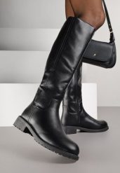 Czarne Dopasowane Kozaki Vices z Imitacji Skóry w Stylu Basic Lonavie. Czarne kozaki damskie Renee, z jeansu, bez obcasa, na płaskiej podeszwie, bez zapięcia. Za 119.99 zł.