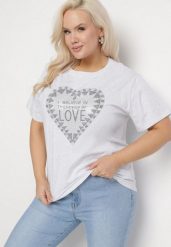 Jasnoszary Bawełniany T-shirt z Cyrkoniami Napisem i Sercem Viltebia. Szare t-shirty damskie Born2be, xl, z aplikacjami, z bawełny, bez kołnierzyka. Za 39.99 zł.