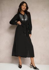 Czarna Koszulowa Sukienka Ozdobiona Koralikami Cekinami i Paskiem Tidanis. Czarne sukienki damskie Renee, bez wzorów, eleganckie, bez ramiączek. W wyprzedaży za 151.99 zł.