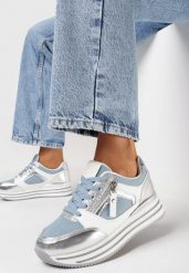 Niebieskie Sneakersy na Grubej Podeszwie Ozdobione Suwakiem i Brokatem Amudda. Niebieskie obuwie sportowe damskie Born2be, z jeansu, bez zapięcia. Za 109.99 zł.