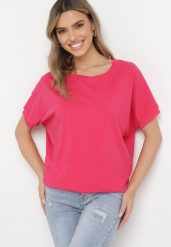 Ciemnoróżowy T-shirt z Krótkimi Rękawami i Dłuższym Tyłem Cercisa. Czerwone t-shirty damskie Born2be, bez wzorów, z bawełny, bez kołnierzyka. Za 29.99 zł.