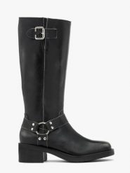Czarne kozaki biker boots ze skóry licowej. Szare kozaki damskie Ryłko, ze skóry, bez obcasa, na obcasie, bez zapięcia. Za 699.99 zł.