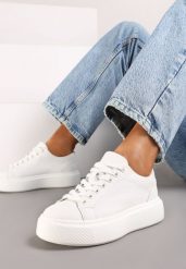 Białe Klasyczne Sznurowane Sneakersy na Grubej Podeszwie Teralla. Białe obuwie sportowe damskie Born2be, z jeansu, bez zapięcia. Za 84.99 zł.