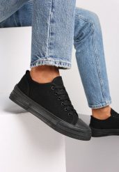 Czarne Trampki z Krótką Cholewką i Sznurowaniem Nonor. Czarne trampki damskie Renee, bez wzorów, bez zapięcia. Za 34.99 zł.