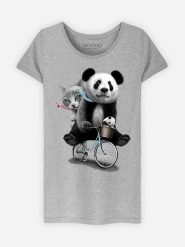 WOOOP Koszulka "Panda Bicycle" w kolorze szarym rozmiar: S. Szare koszulki damskie Wooop, s, bez wzorów, z wiskozy, bez kołnierzyka, bez ramiączek. Za 56.99 zł.