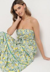 Ciemnozielona Sukienka w Cytryny z Kokardą Galadessa. Zielone sukienki damskie Born2be, bez wzorów, eleganckie, bez ramiączek. Za 149.99 zł.