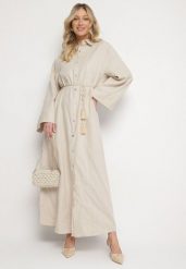 Beżowa Koszulowa Sukienka z Lnem o Pudełkowym Kroju Zolloti. Brązowe sukienki damskie Born2be, bez wzorów, z bawełny, eleganckie, bez ramiączek. Za 229.99 zł.
