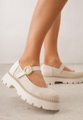 Beżowe Skórzane Półbuty Mary Jane w Stylu Chunky Zdobione Plecionką Morxina. Brązowe półbuty damskie Renee, z aplikacjami, z jeansu, bez obcasa, bez zapięcia. Za 89.99 zł.