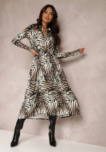 Beżowo-Czarna Sukienka Rozkloszowana w Tygrysie Paski Chipha. Brązowe sukienki damskie Renee, bez wzorów, eleganckie, bez ramiączek. Za 169.99 zł.