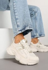 Beżowe Sneakersy na Platformie z Tłoczeniem i Metaliczną Ozdobą Alarella. Brązowe obuwie sportowe damskie Renee, z jeansu, bez zapięcia. Za 89.99 zł.
