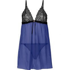 Koszulka nocna + stringi (2 części) bonprix szafirowo-czarny. Niebieskie komplety bielizny bonprix, w koronkowe wzory, z koronki. Za 79.99 zł.