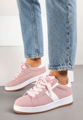 Różowe Sneakersy Ozdobione Paskiem Zrulla. Czerwone obuwie sportowe damskie Born2be, z jeansu, bez zapięcia. Za 89.99 zł.