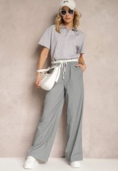 Szare Materiałowe Spodnie z Szerokimi Nogawkami High Waist z Gumką w Talii Comina. Szare spodnie materiałowe damskie Renee, bez wzorów, z jeansu. Za 119.99 zł.
