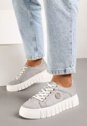 Szare Sznurowane Sneakersy Vices na Platformie z Tłoczeniem i Metaliczną Aplikacją Lavfedi. Szare obuwie sportowe damskie Renee, z jeansu, bez zapięcia. Za 109.99 zł.