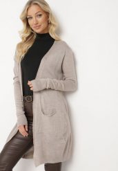 Jasnobeżowy Niezapinany Kardigan z Kieszeniami Wsuwanymi Sartella. Brązowe kardigany damskie Born2be, m, bez wzorów, z jeansu. Za 44.99 zł.