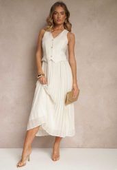 Jasnobeżowa Wiskozowa Sukienka z Plisami i Wszytą Kamizelką Silitha. Brązowe sukienki damskie Renee, bez wzorów, z wiskozy, eleganckie, bez ramiączek. W wyprzedaży za 159.99 zł.