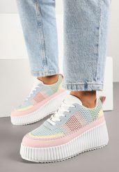 Różowo-Niebieskie Sneakersy na Grubej Podeszwie z Tłoczeniami Zdobione Przeszyciami Falinia. Czerwone obuwie sportowe damskie Born2be, z jeansu, bez zapięcia. Za 99.99 zł.