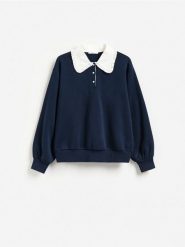 Bluza z ozdobnym kołnierzem - granatowy. Niebieskie bluzy damskie Reserved, l, bez wzorów, z bawełny, bez kaptura. Za 119.99 zł.