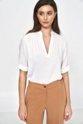 Bluzka z Podwijanym Rękawem - Ecru. Zielone bluzki damskie Nife, l, bez wzorów, z materiału, bez kołnierzyka, bez ramiączek. Za 179.90 zł.