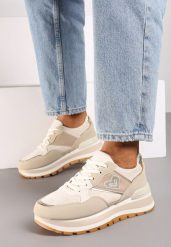 Beżowe Sneakersy na Grubej Podeszwie Ozdobione Sercem i Metalicznymi Wstawkami Verioras. Brązowe obuwie sportowe damskie Born2be, z jeansu, bez zapięcia. Za 109.99 zł.