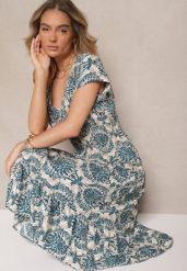 Niebieska Rozkloszowana Sukienka z Bawełny z Gumką w Talii Desanita. Niebieskie sukienki damskie Renee, bez wzorów, z bawełny, eleganckie, bez ramiączek. W wyprzedaży za 43.99 zł.