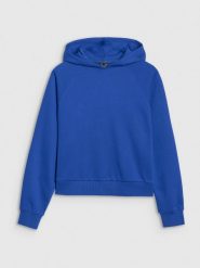 4F Bluza dresowa nierozpinana z kapturem damska - niebieska S. Niebieskie bluzy damskie 4F, s, bez wzorów, z bawełny, z kapturem. W wyprzedaży za 99.99 zł.