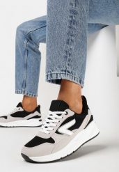 Czarno-Beżowe Sneakersy przed Kostkę z Przeszyciami i Materiałowymi Wstawkami Akirra. Czarne obuwie sportowe damskie Born2be, z materiału, przed kostkę, bez zapięcia. Za 99.99 zł.