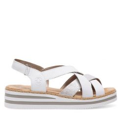 Sandały Rieker. Białe sandały damskie Rieker, bez wzorów, bez obcasa, na koturnie, bez zapięcia. Za 299.99 zł.