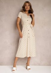 Beżowa Taliowana Sukienka z Wiskozą o Kroju Koszulowym z Guzikami i Paskiem Cosofia. Brązowe sukienki damskie Renee, bez wzorów, z jeansu, eleganckie, bez ramiączek. W wyprzedaży za 143.99 zł.