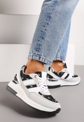 Biało-Czarne Sneakersy z Cekinami i Brokatem na Grubej Podeszwie Mabirra. Białe obuwie sportowe damskie Renee, z jeansu, bez zapięcia. Za 89.99 zł.