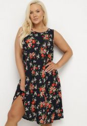 Granatowo-Czerwona Trapezowa Sukienka Bez Rękawów o Rozkloszowanym Kroju w Kwiaty Foltalea. Niebieskie sukienki damskie Born2be, bez wzorów, eleganckie, bez ramiączek. W wyprzedaży za 38.24 zł.