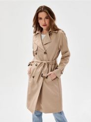 Długi płaszcz z ozdobnymi guzikami - beżowy. Brązowe płaszcze damskie Sinsay, l, bez wzorów, bez kaptura. Za 119.99 zł.