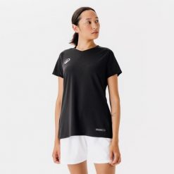 Koszulka do piłki nożnej damska Kipsta Viralto. Czarne bluzki damskie KIPSTA, xs, bez wzorów, z materiału, sportowe, bez kołnierzyka, bez ramiączek. Za 54.99 zł.