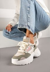 Beżowo-Zielone Sneakersy w Streetwearowym Stylu na Tłoczonej Podeszwie Nelasea. Brązowe obuwie sportowe damskie Renee, z jeansu, bez zapięcia. Za 109.99 zł.