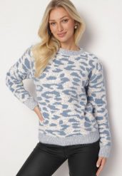 Szaro-Niebieski Sweter z Wełną o Klasycznym Kroju Zdobiony Wzorem w Cętki Zinarisa. Niebieskie swetry klasyczne damskie Born2be, na zimę, l, z wełny, bez kołnierzyka. Za 64.99 zł.