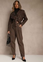 Brązowe Spodnie High Waist z Bawełny o Szerokim Kroju Nalitia. Brązowe spodnie materiałowe damskie Renee, bez wzorów, z bawełny. Za 69.99 zł.