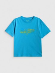 4F T-shirt boxy z nadrukiem damski - niebieski XS. Niebieskie t-shirty damskie 4F, xs, bez wzorów, z bawełny, bez kołnierzyka. Za 69.99 zł.