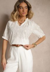 Biała Bluzka Bawełniana Ozdobiona Haftami Zifene. Białe bluzki damskie Renee, m, z aplikacjami, z bawełny, bez kołnierzyka, bez ramiączek. Za 49.99 zł.