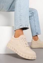 Beżowe Sneakersy Vices na Platformie z Ozdobą i Napisem Leawen. Brązowe obuwie sportowe damskie Renee, z jeansu, bez zapięcia. Za 89.99 zł.
