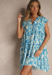 Niebieska Sukienka Oversize z Bawełny z Ornamentnym Wzorem Folazea. Niebieskie sukienki damskie Renee, bez wzorów, z bawełny, eleganckie, bez ramiączek. W wyprzedaży za 55.99 zł.