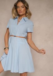 Niebieska Sukienka Koszulowa z Cienkim Paskiem w Talii Weolessa. Niebieskie sukienki damskie Renee, bez wzorów, z jeansu, eleganckie, bez ramiączek. W wyprzedaży za 68.99 zł.