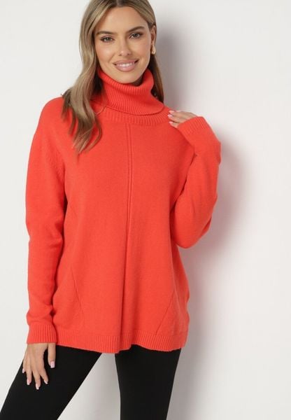 Pomarańczowy Sweter z Golfem i Dodatkiem Kaszmiru Rorizia. Brązowe golfy damskie Born2be, z aplikacjami, z jeansu, bez ramiączek. Za 124.99 zł.