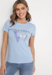 Jasnoniebieski T-shirt z Bawełny Ozdobiony Napisem i Cyrkoniami Raltebis. Niebieskie t-shirty damskie Born2be, m, bez wzorów, z bawełny, bez kołnierzyka. Za 34.99 zł.