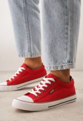 Czerwone Klasyczne Trampki do Kostki z Lamówką przy Podeszwie Kasiope. Czerwone trampki damskie Born2be, bez wzorów, z jeansu, bez zapięcia. Za 59.99 zł.