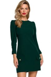 Elegancka sukienka trapezowa z bufiastymi rękawami butelkowa zieleń. Zielone sukienki damskie Makover, bez wzorów, eleganckie, bez ramiączek. Za 259.00 zł.
